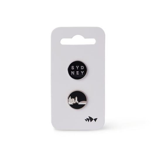 Silver and Black Pin - One pin with SYDNEY wording - One Pin with skyline illustration