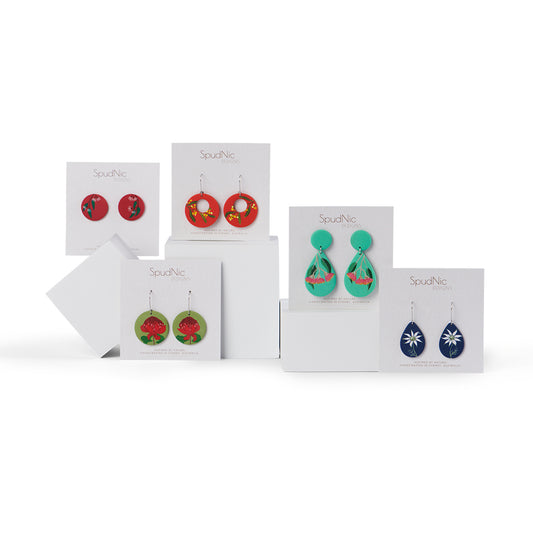 SpudNic Design Earrings Group Images including SpudNic Gum Blossom Stud Earrings, SpudNic Wattle Dangle Earrings, SpudNic Waratah Dangle Earrings, SpudNic Flowering Gum Teardrop Earrings Green and SpudNic Flannel Flower Dangle Earrings