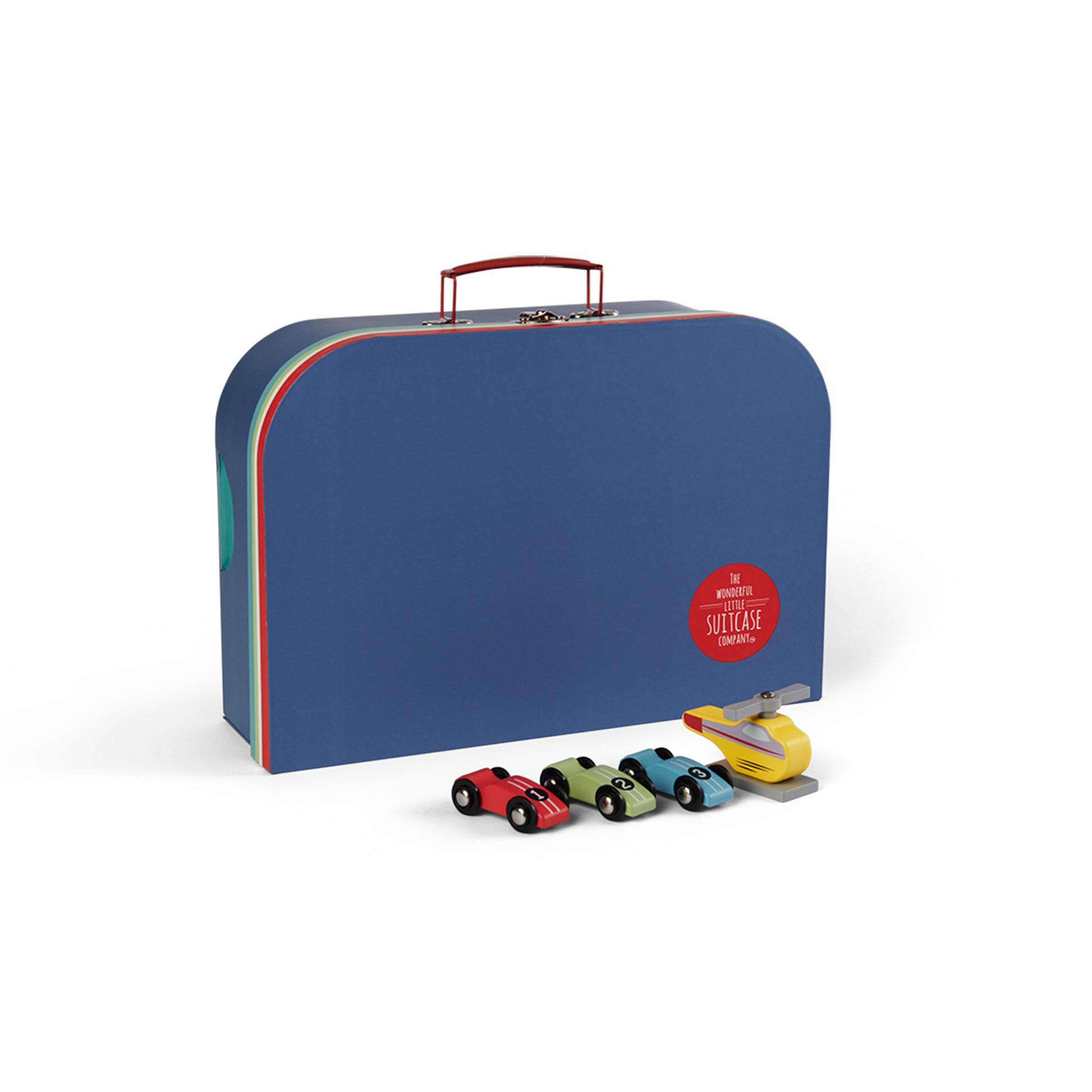Navy Blue Kid's toy suitcase closed with toy cars and a helicopter 