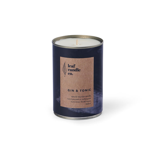 Black tin can soy candle with Gin & Tonic fragrance
