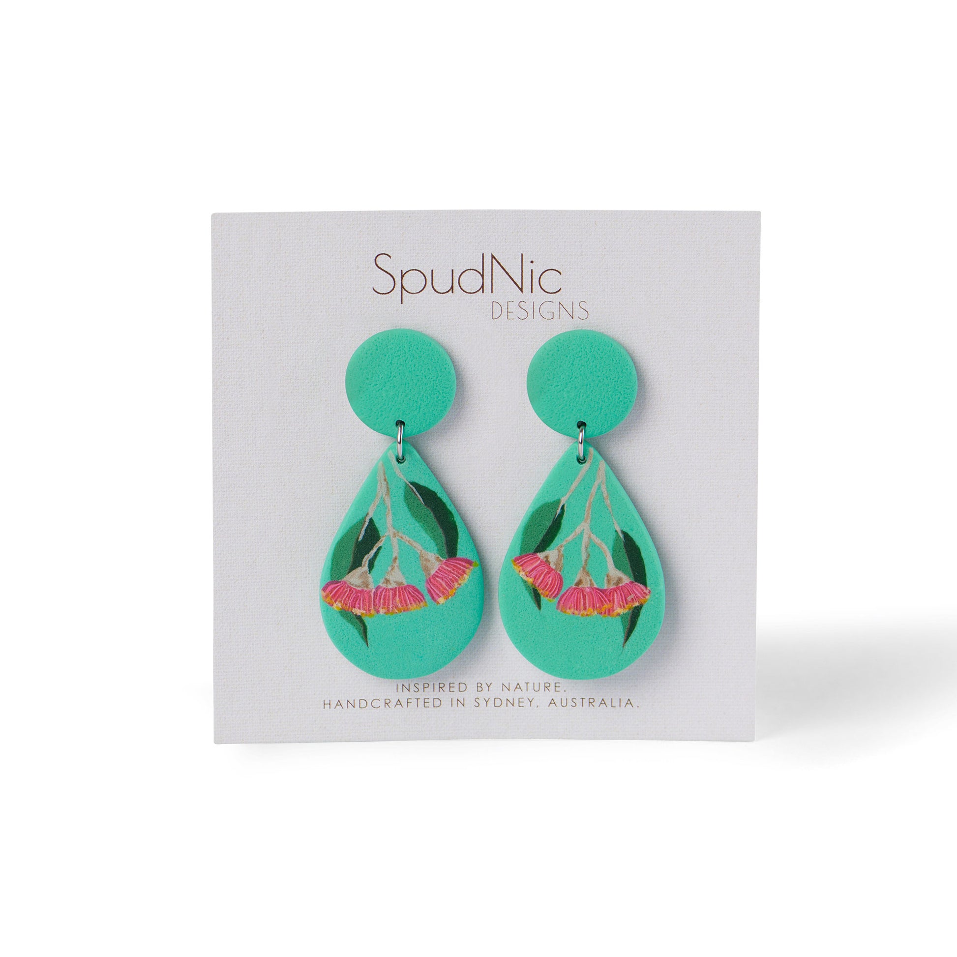These beautifully handmade earrings showcase the Australian native pink flowering gum.