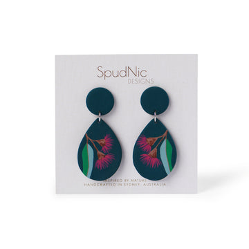 These beautifully handmade statement earrings showcase the vibrant blooms of the Australian native pink flowering gum.