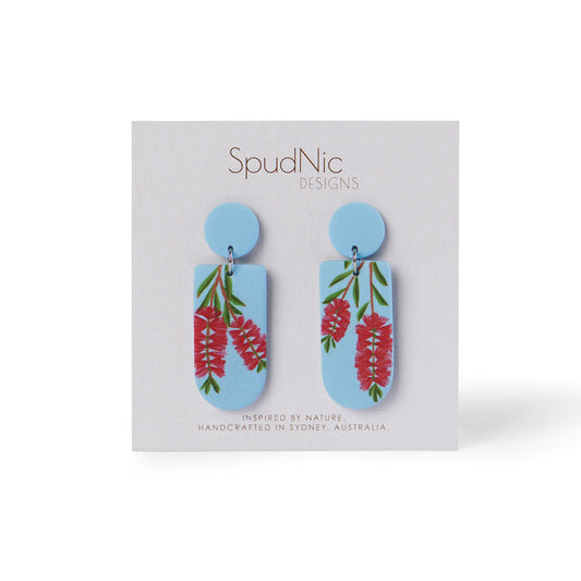 These beautifully handmade statement earrings showcase Australia's striking red bottlebrush flowers.