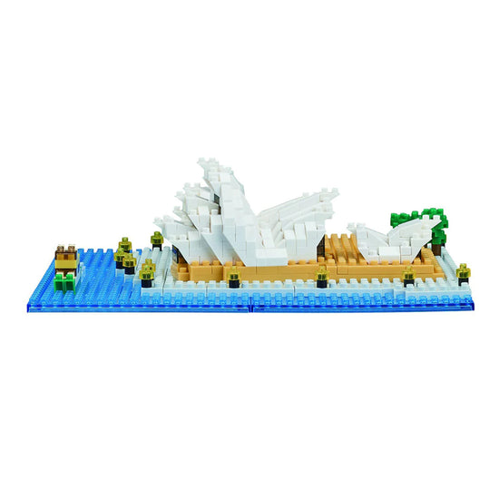 Side angle of Nano block model of Sydney Opera House, showcasing its iconic architecture and intricate details.