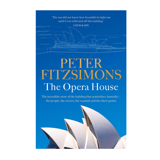 The cover of the book 'The Opera House' by Peter FitzSimons features an image of the Sydney Opera House with a blue sky background. The book title and author's name are prominently displayed.