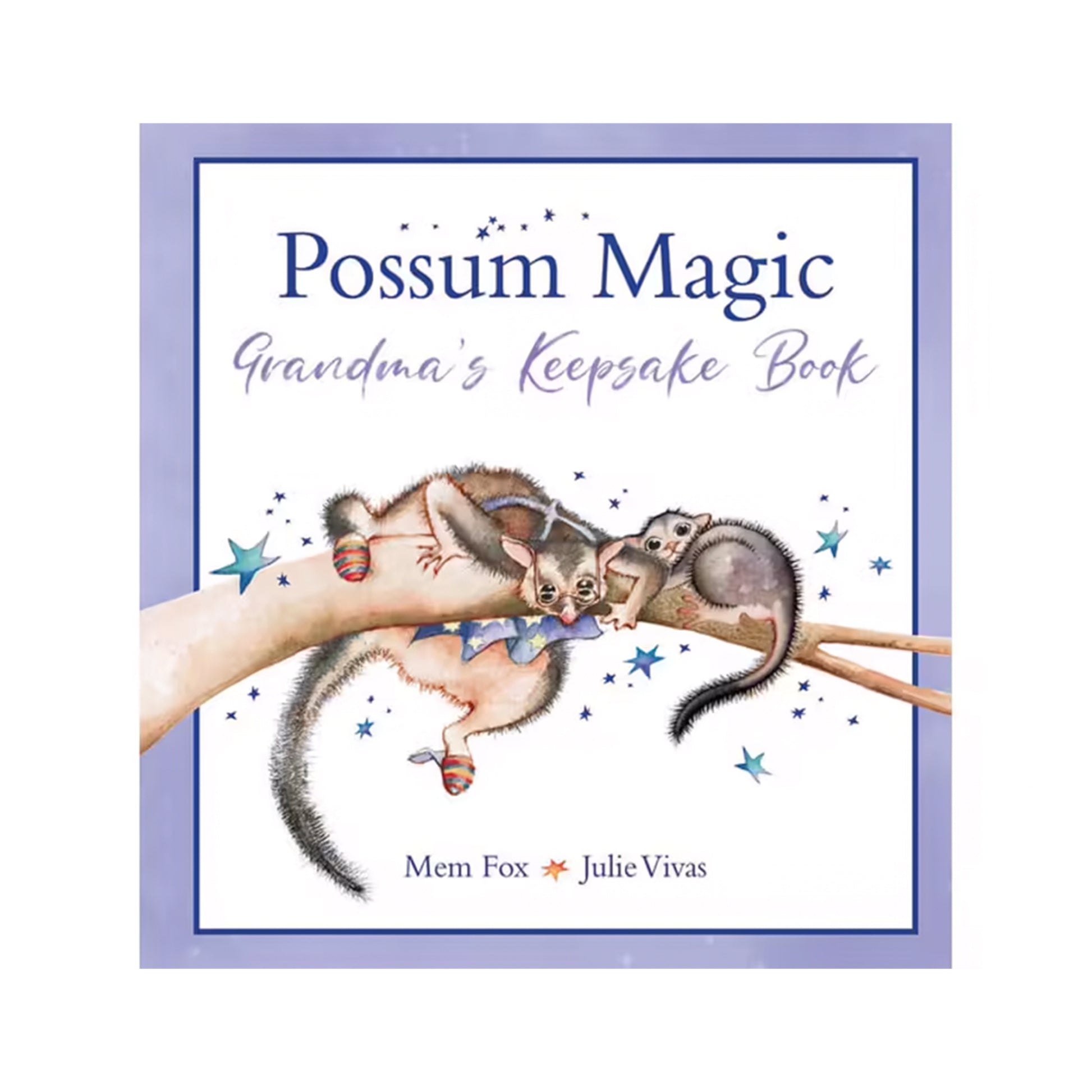 A colorful children's book cover with a magical possum and her loving grandma.