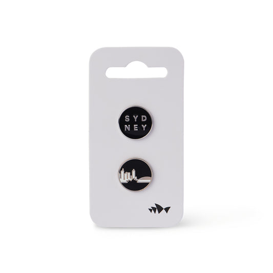 Silver and Black Pin - One pin with SYDNEY wording - One Pin with skyline illustration 